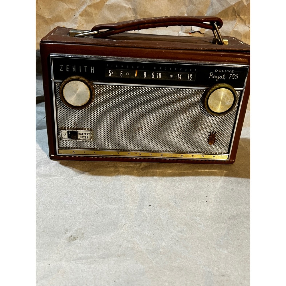 Zenith Deluxe Royal 755 Transistor Radio Brown Leather Mid-Century Vintage USA